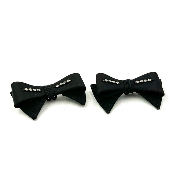 Vintage Black Bow Clear Rhinestone Shoe Clips Fancy Black Tie - Picture 8 of 11